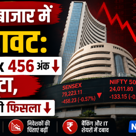 शेयर बाजार में गिरावट, सेंसेक्स 456 अंक और निफ्टी 65 अंक नीचे बंद